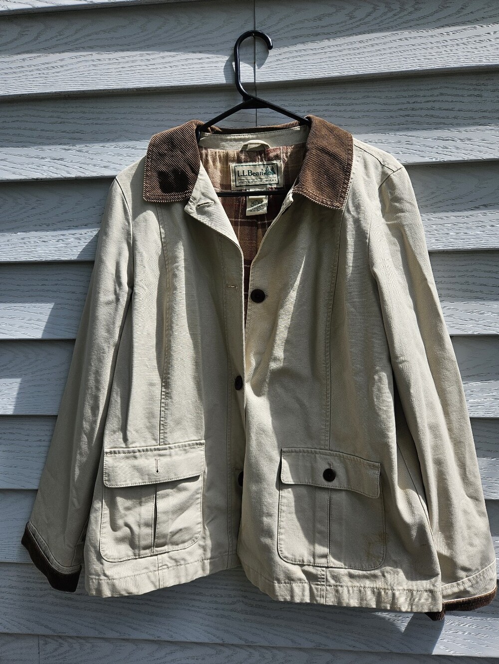 L.L. Bean Womens Cream Canvas Field Jacket with Brown Corduroy Collar Size XL